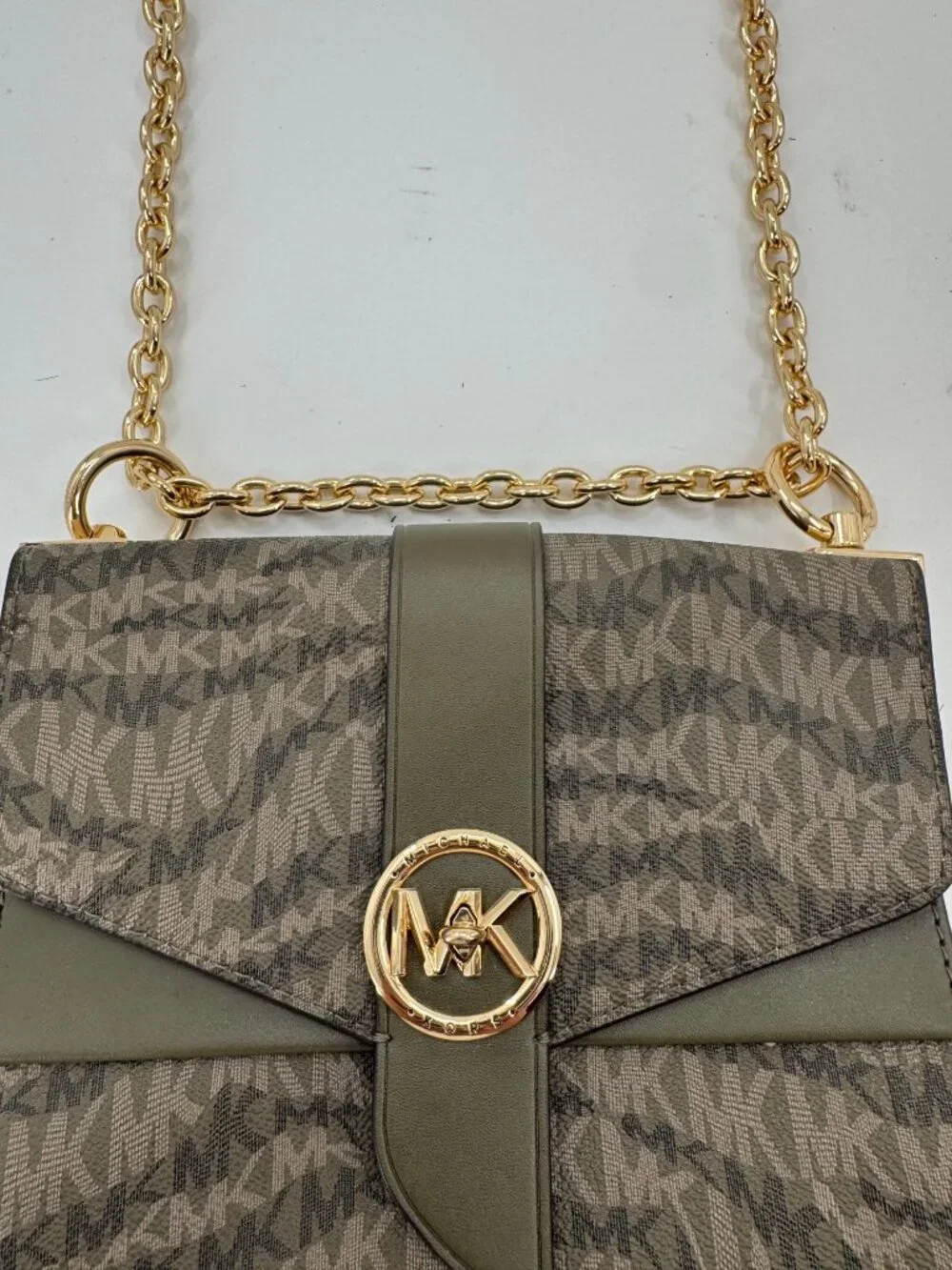 Michael Kors Jet Set Green Signature Crossbody Bag With Gold Chain & Logo Accent